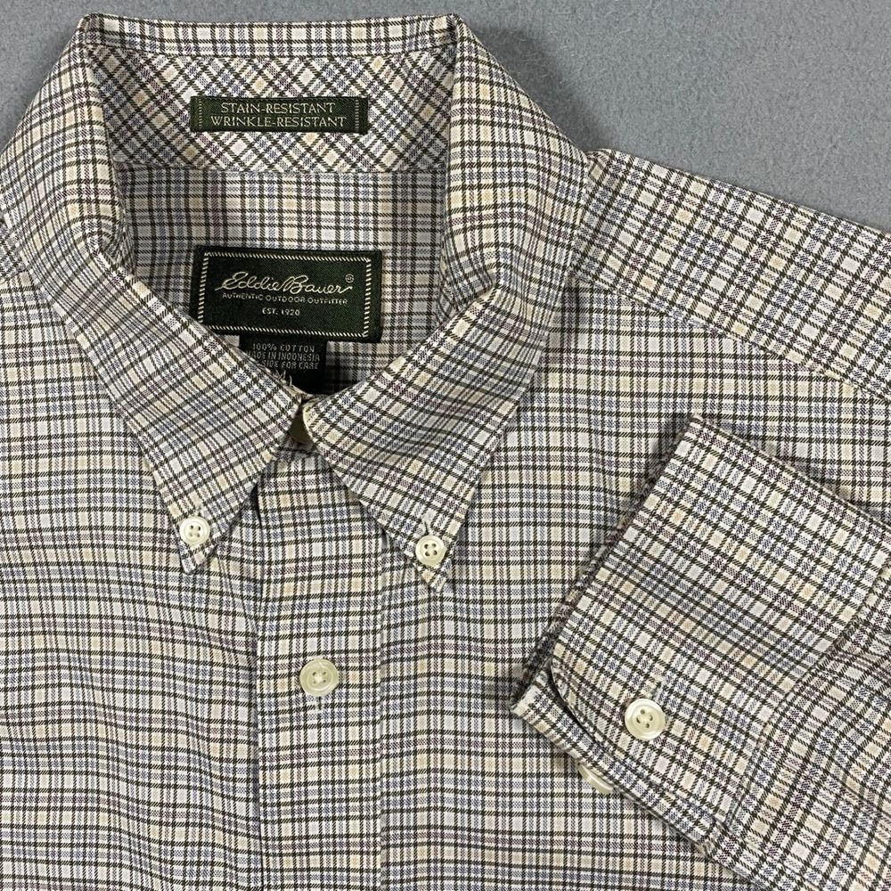 Eddie Bauer Mens Medium Plaid Button Down Shirt Stain Wrinkle Resistant Cotton
